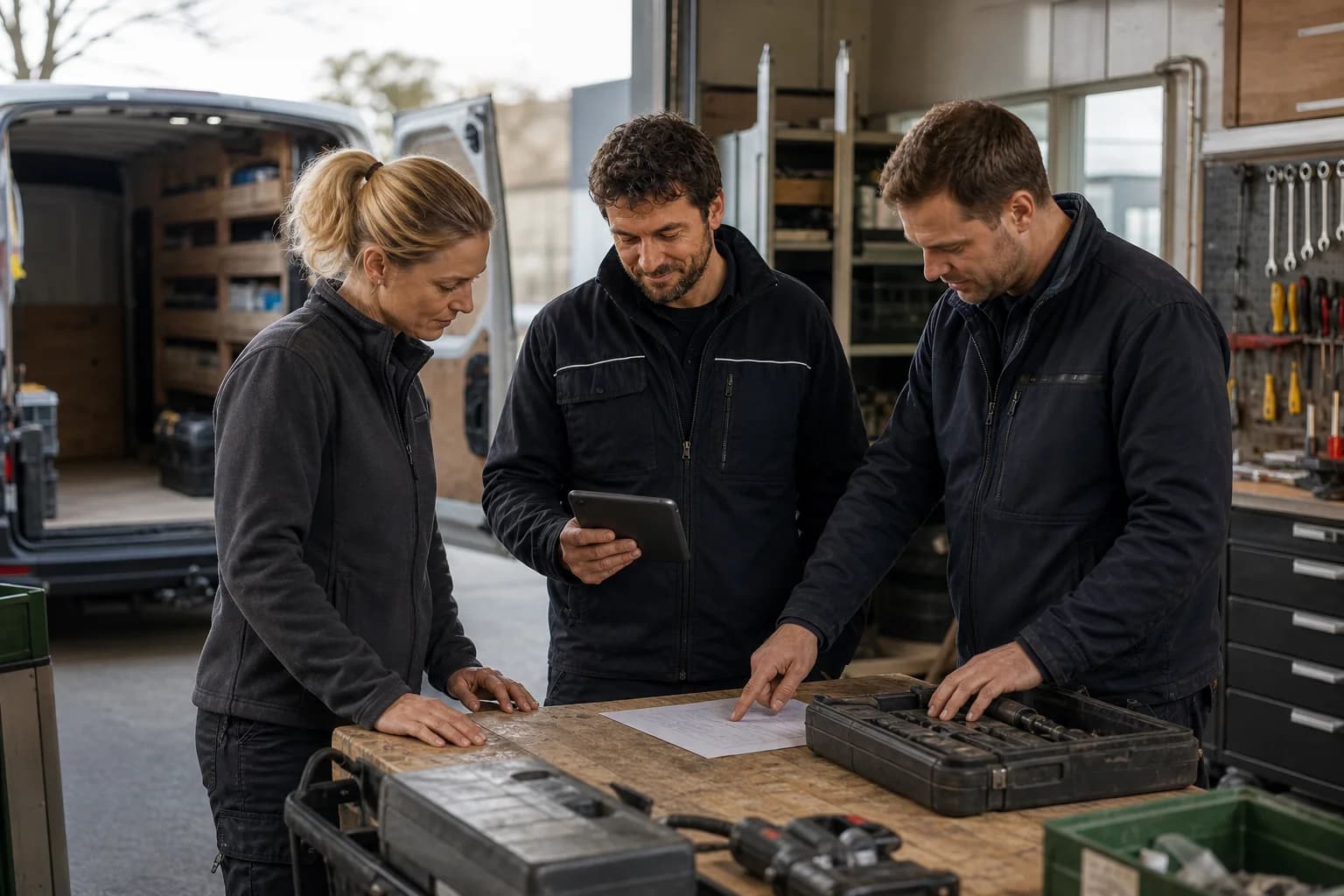 Kleines Handwerkerteam stimmt den nächsten Einsatz in der Werkstatt ab.