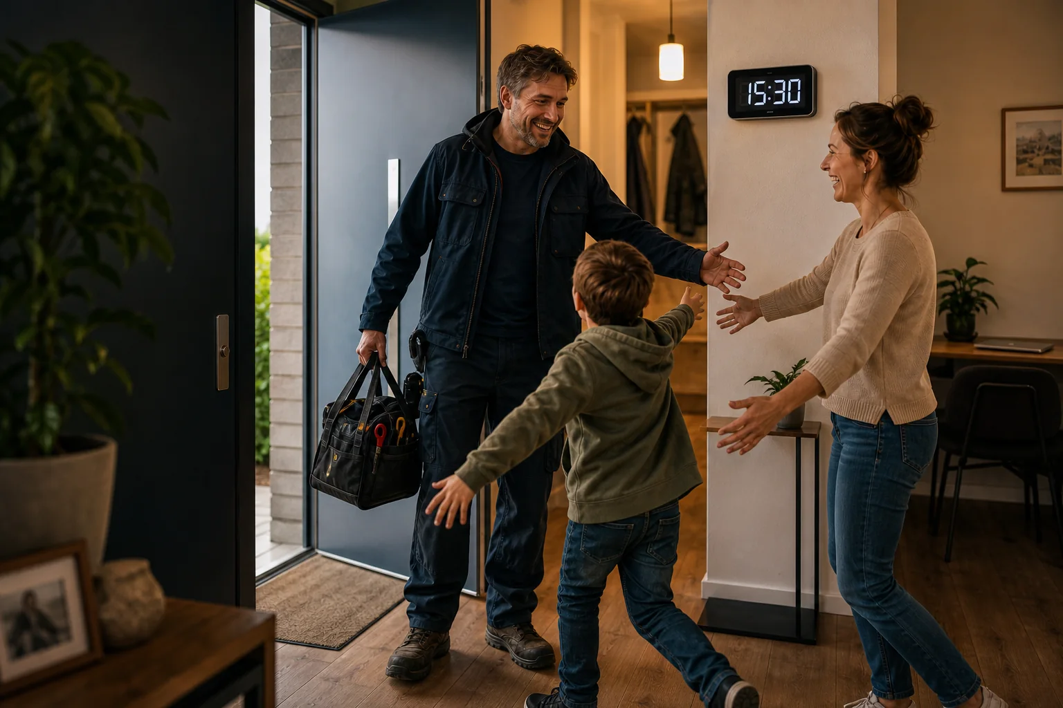 Ein Handwerker kommt um 15:30 Uhr entspannt zu seiner Familie nach Hause.