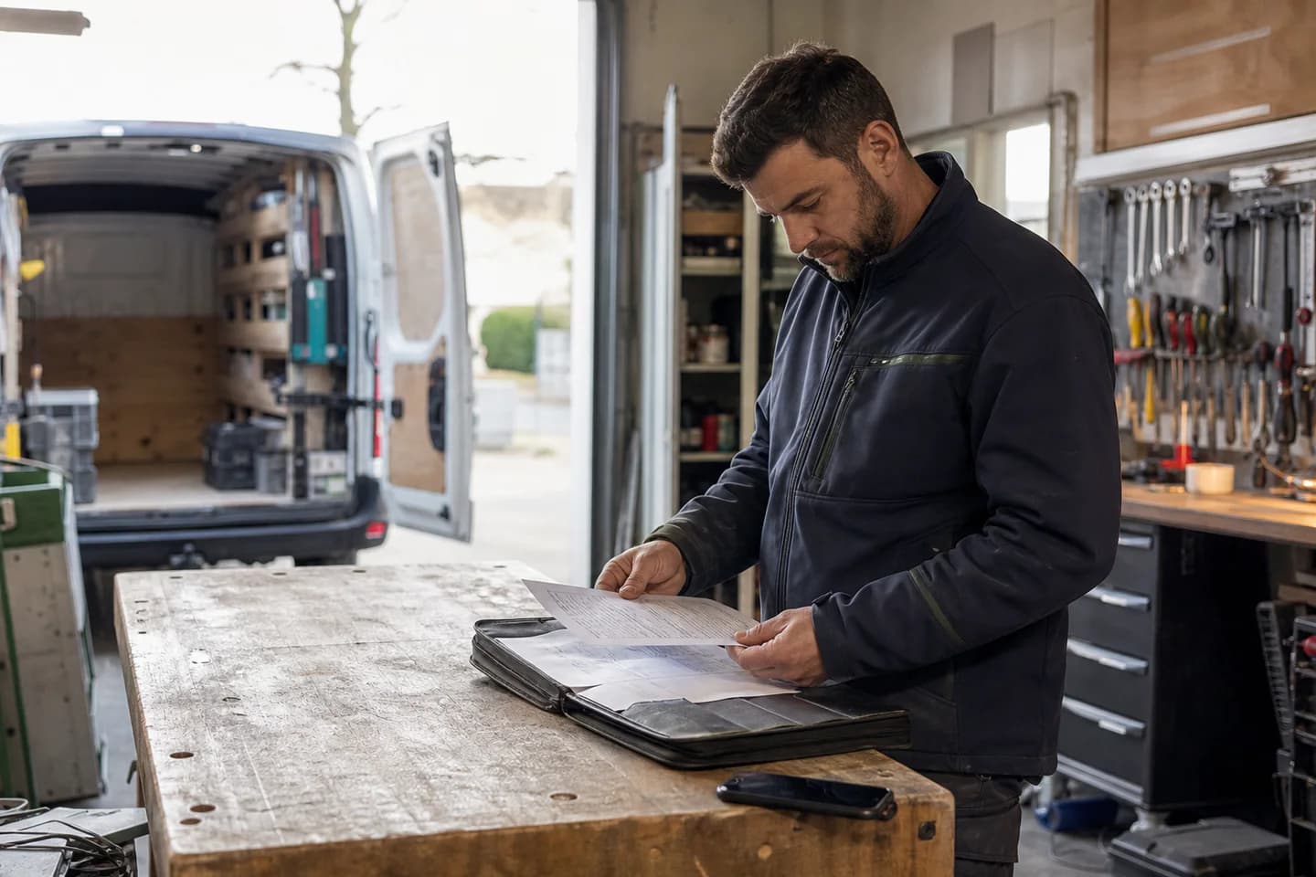 Ein Handwerker prüft Unterlagen in seiner Werkstatt und bereitet den Arbeitstag vor.