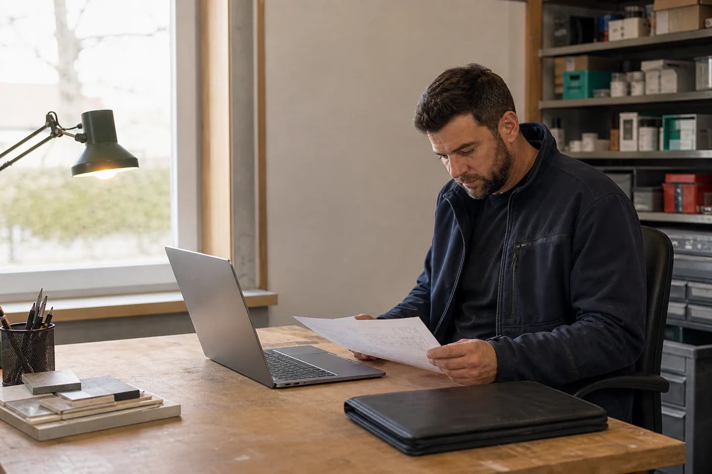 Ein Handwerker verbindet Unterlagen und digitale Arbeit an seinem Arbeitsplatz in der Werkstatt.