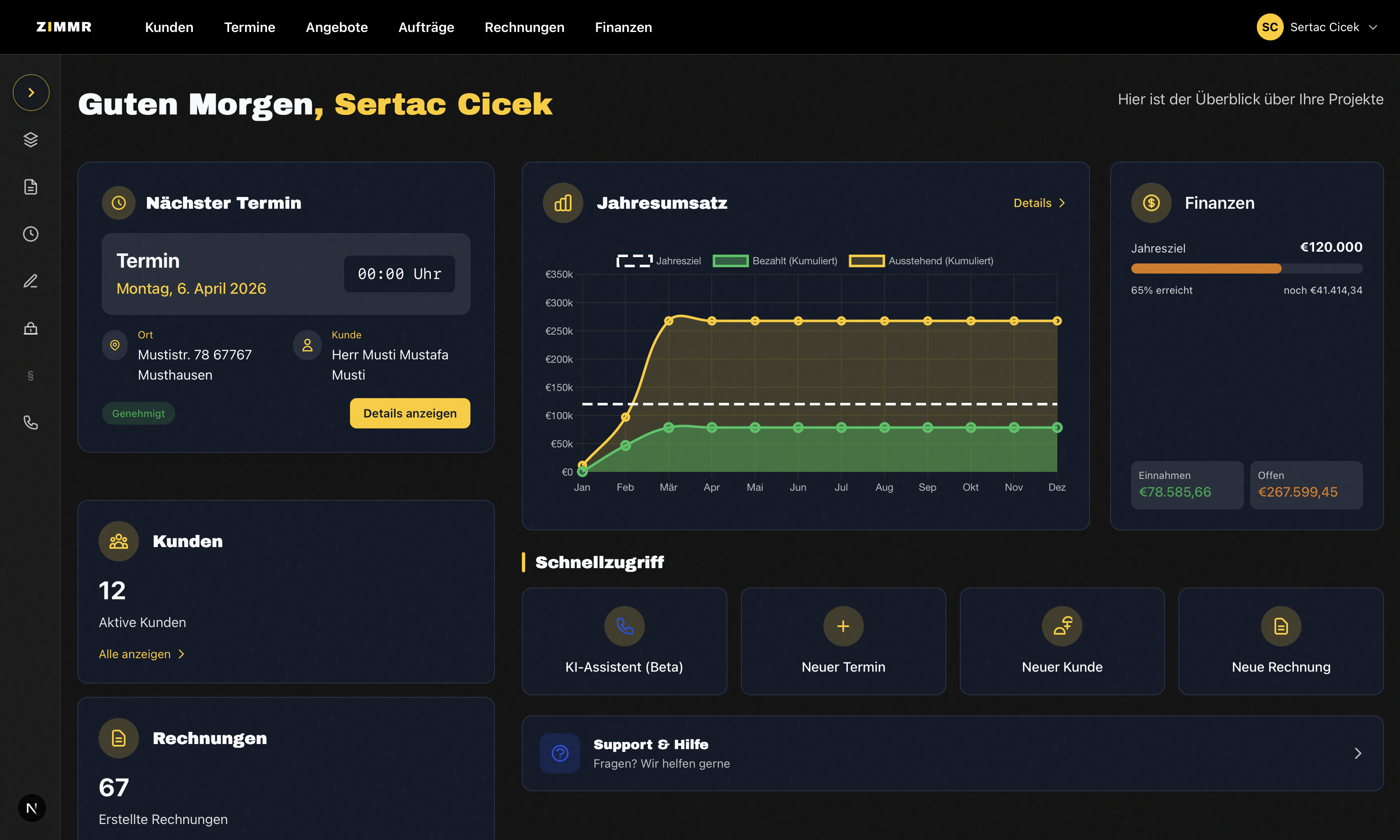 ZIMMR Dashboard mit Betriebskennzahlen, Terminen und Finanzüberblick