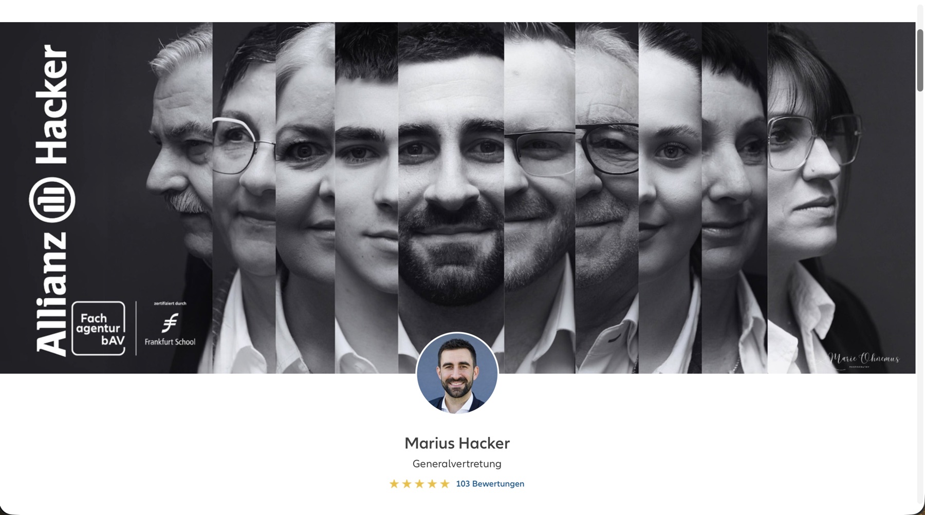 Webseite der Allianz-Geschäftsstelle Hacker mit Marius Hacker und seinem Team