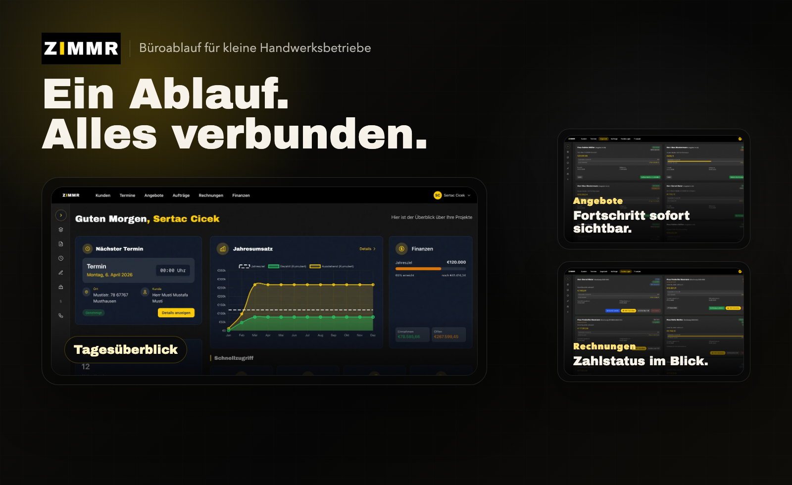 ZIMMR Software mit Dashboard, Rechnung und Angebot