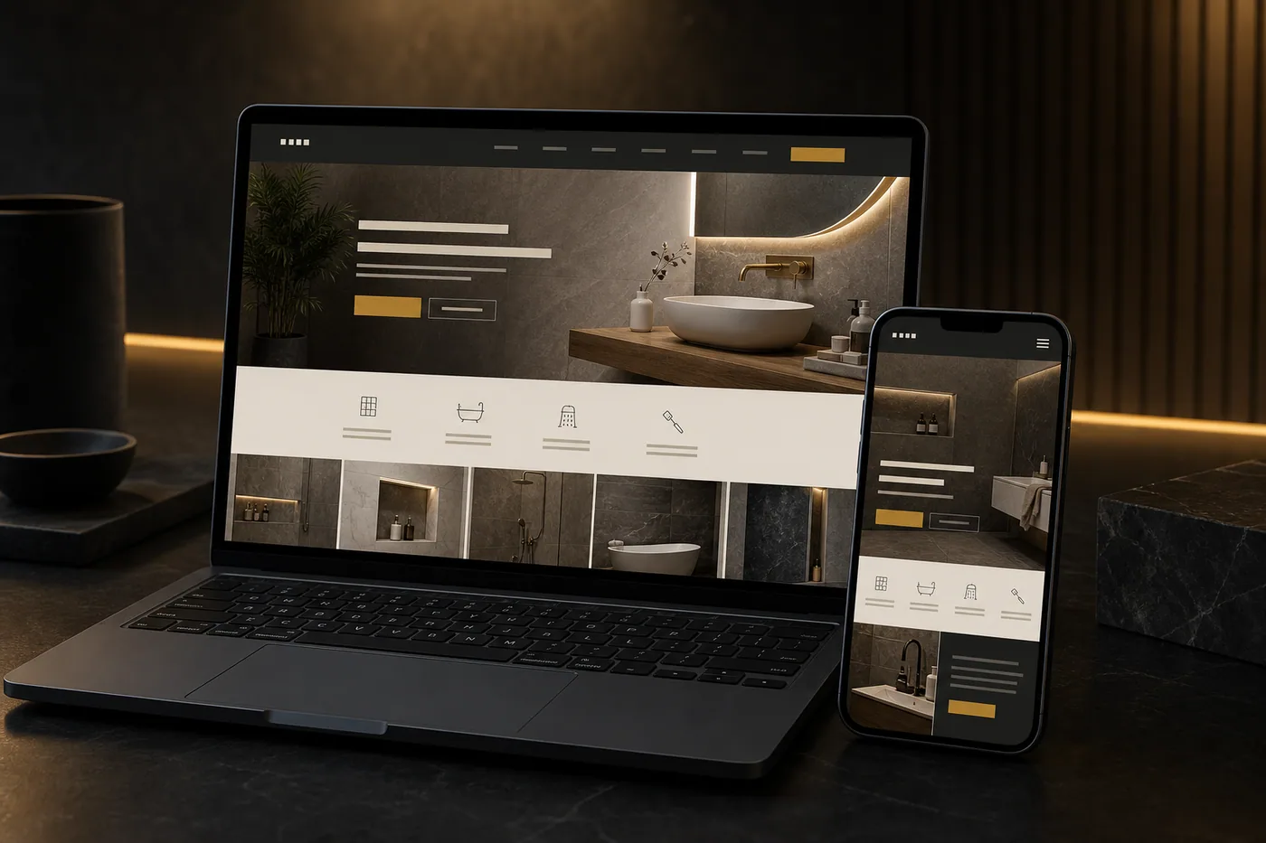 Beispielhafte hochwertige Website-Darstellung für einen Handwerksbetrieb auf Laptop und Smartphone